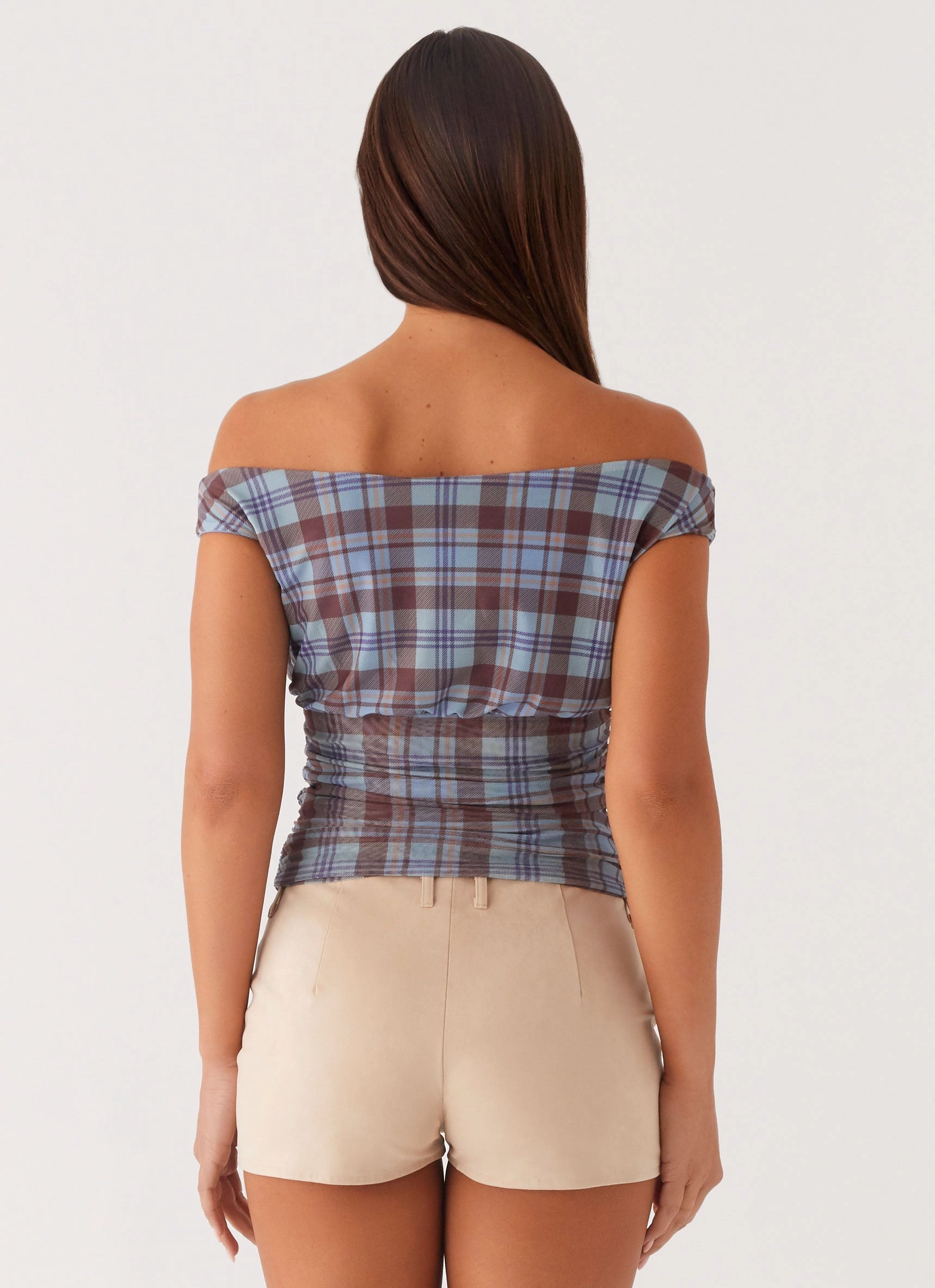 Zahli Off Shoulder Top - Shoreline Check Compact Weave Fabric DurableWeave
