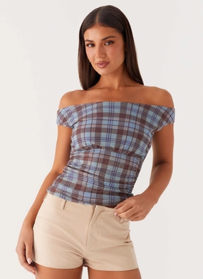Zahli Off Shoulder Top - Shoreline Check Cozy Fit Airflow Ventilation Zones