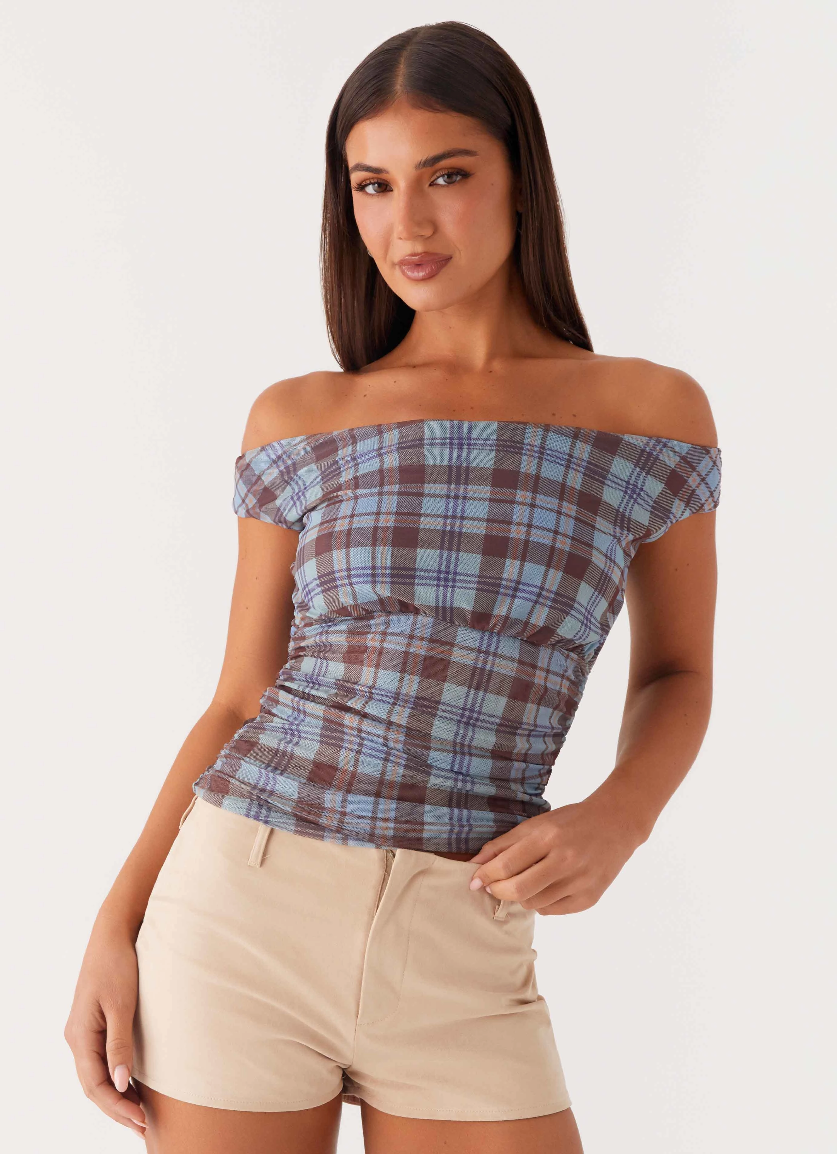 Zahli Off Shoulder Top - Shoreline Check Cozy Fit Airflow Ventilation Zones