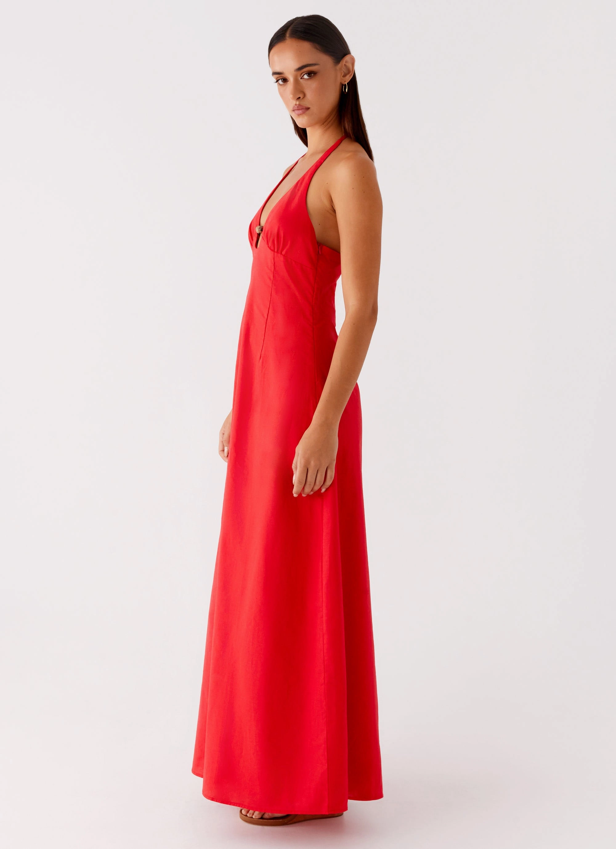 Button Accent Cotton-Blend Zana Maxi Dress - Red