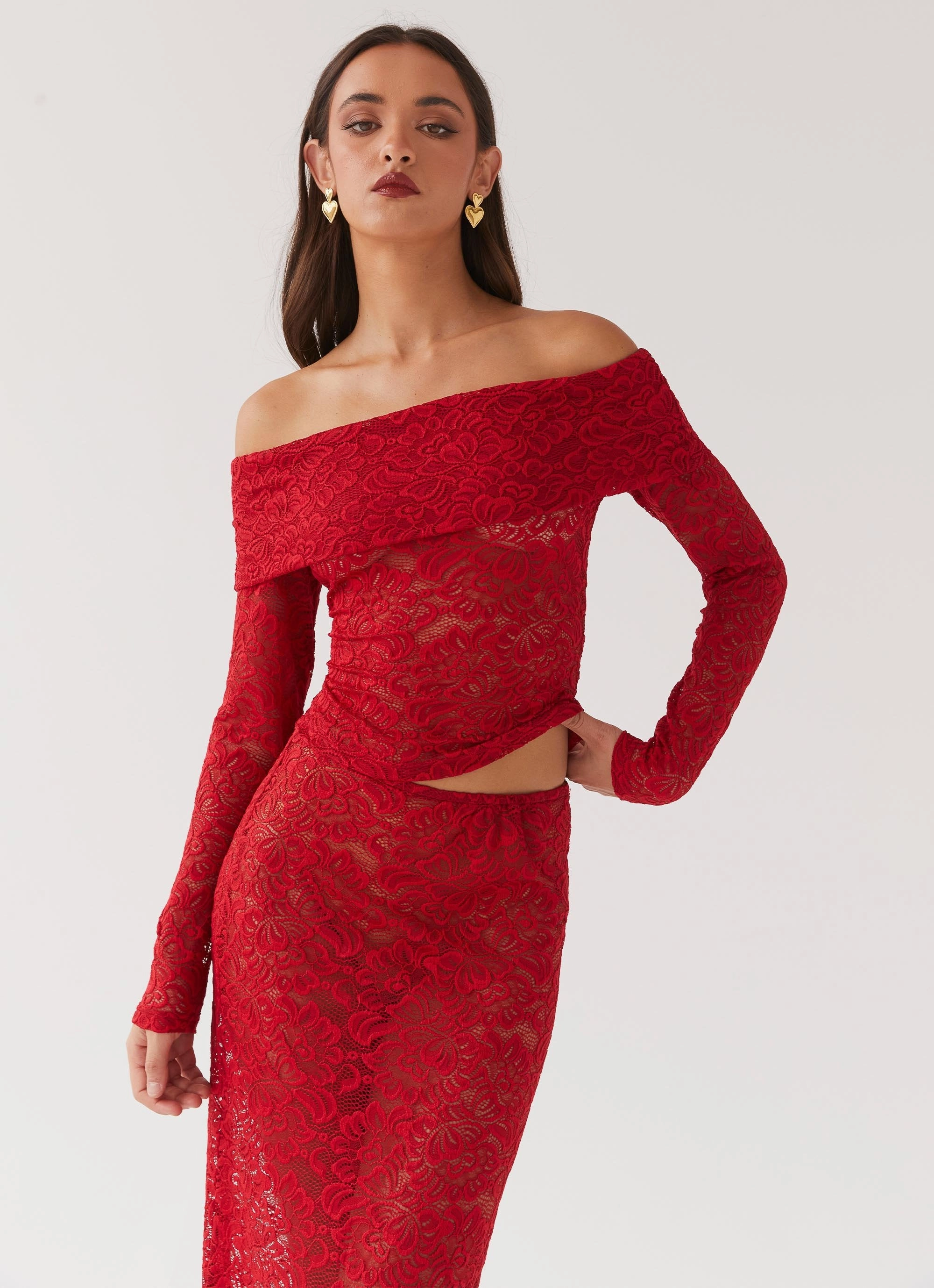 NonPill Surface Treatment Zephyra Lace Long Sleeve Top - Red