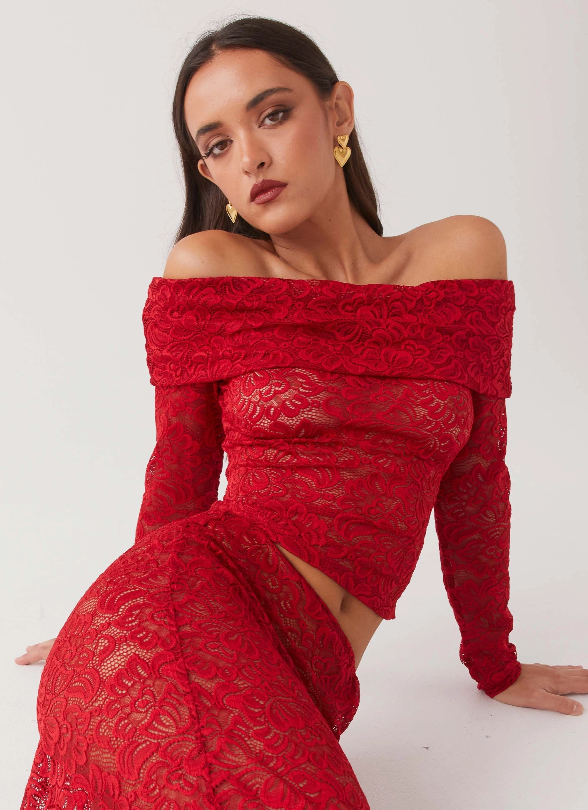 Zephyra Lace Long Sleeve Top - Red Double Stitched Seams