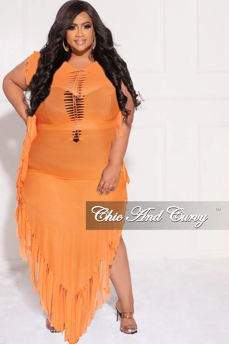 TailoredSilhouette Final Sale Plus Size Mesh Cover-Up Dress with Cutout Front and Fringe Trim in Orange