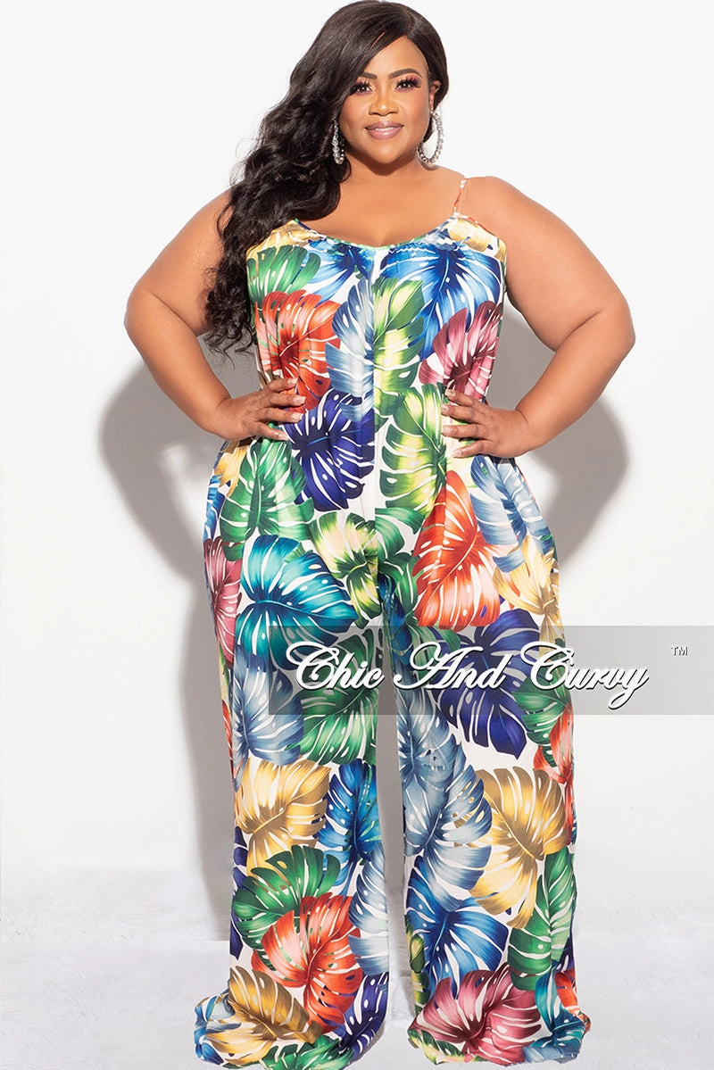 Final Sale Plus Size Jumpsuit with Spaghetti Straps in Multi-Color Palm Print SmoothZipClosure Street Comfort