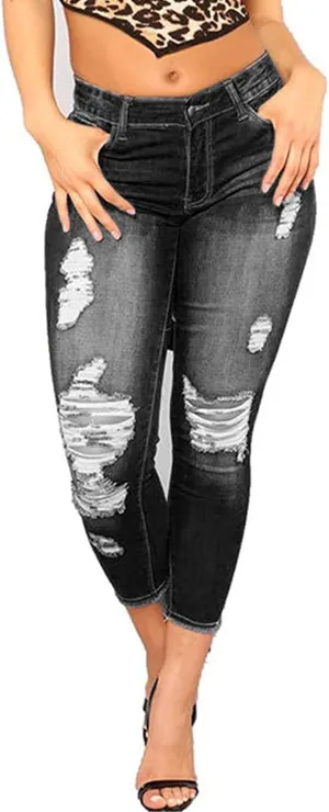zhuiming Womens High Rise Ripped Jeans Distressed Stretch Skinny Jeans Slim Fit Denim Jeans Ankle Mom Jeans Pants Trousers Black