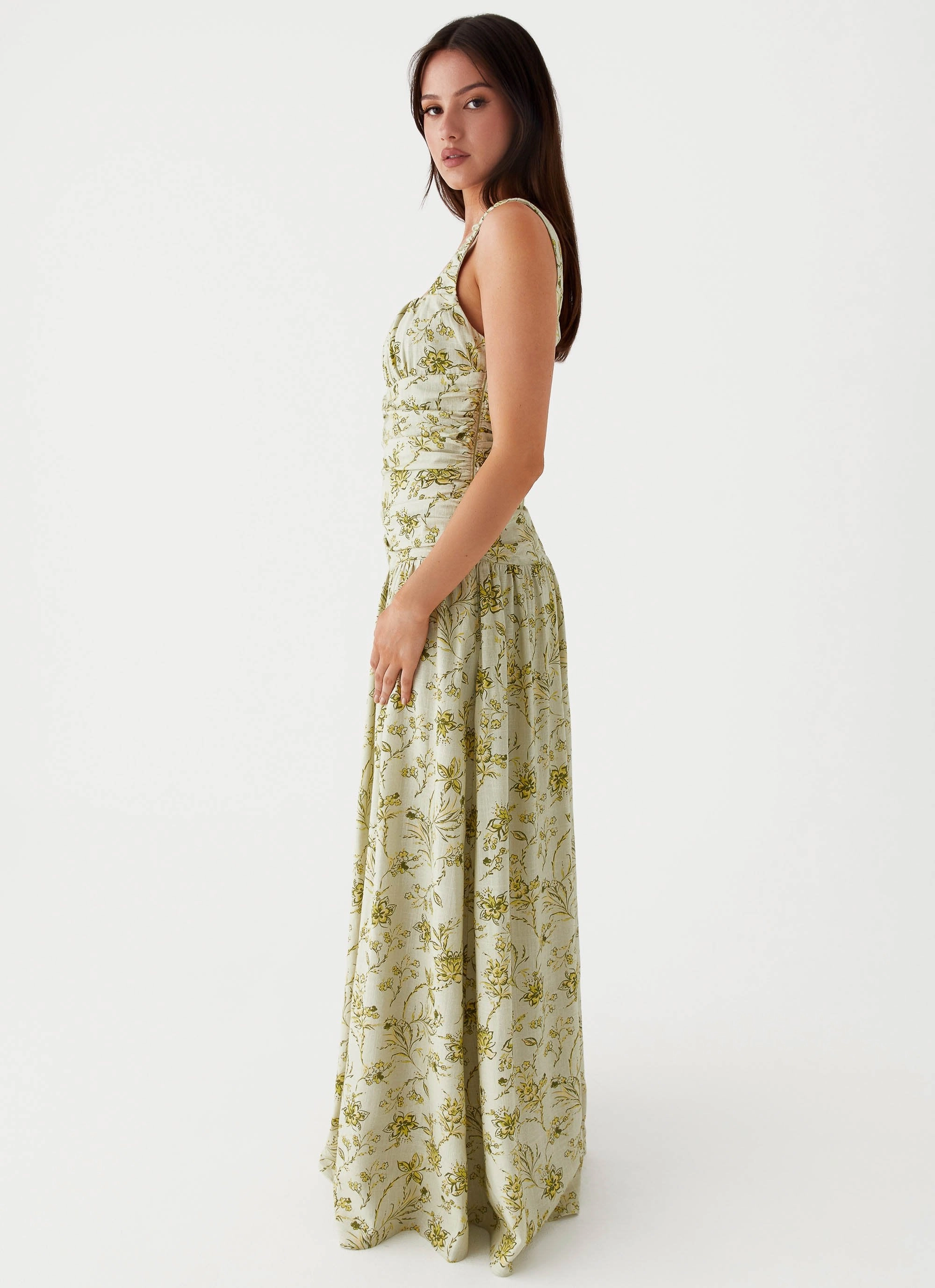 Zinna Linen Maxi Dress - Sage Floral Evening Vibe