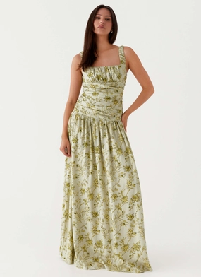 Metallic Finish Style Base Zinna Linen Maxi Dress - Sage Floral
