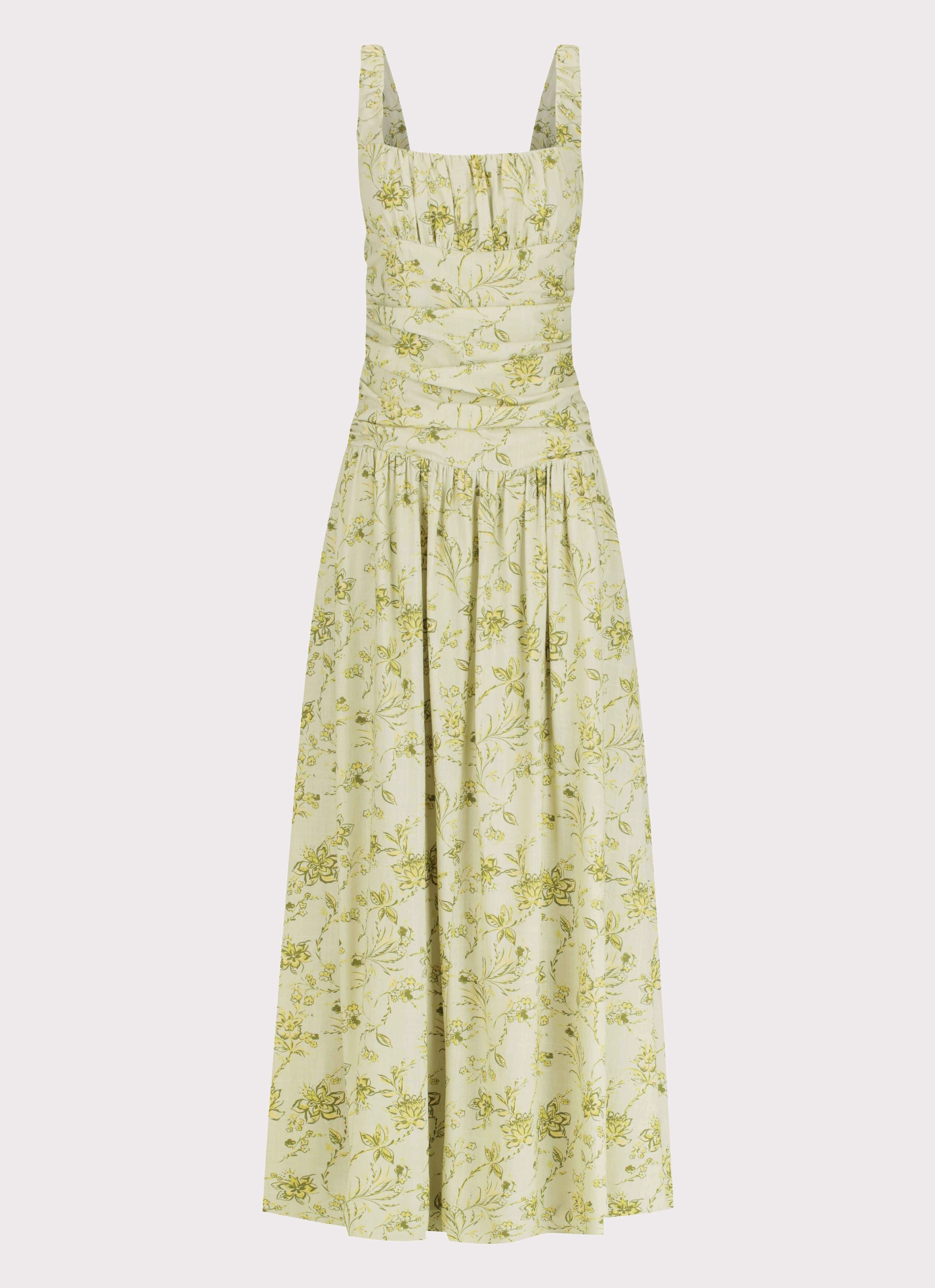 Gathered-Detail Unlined Look Zinna Linen Maxi Dress - Sage Floral
