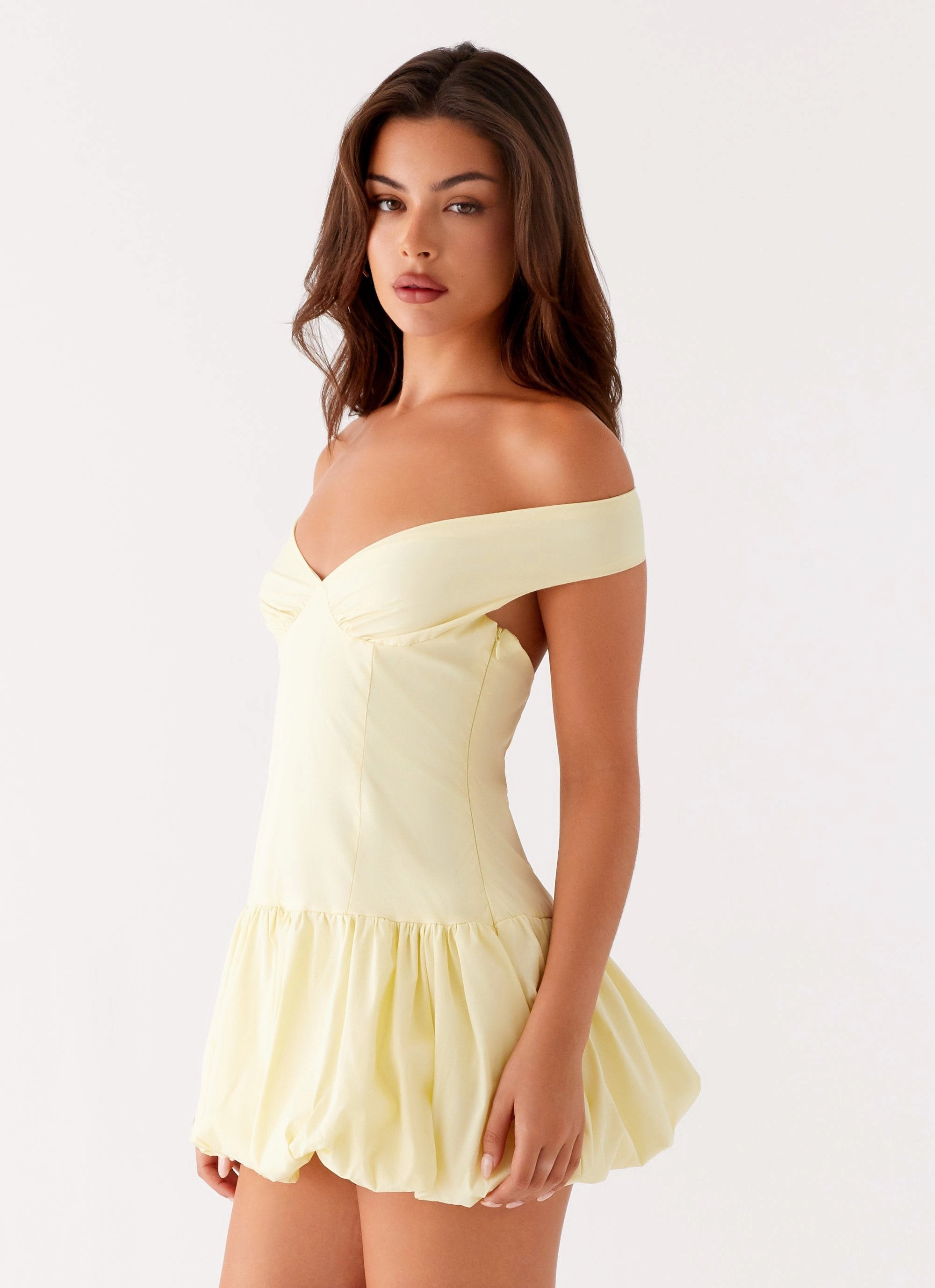 Casual-Look Fair-Trade Endless Romance Off Shoulder Mini Dress - Yellow