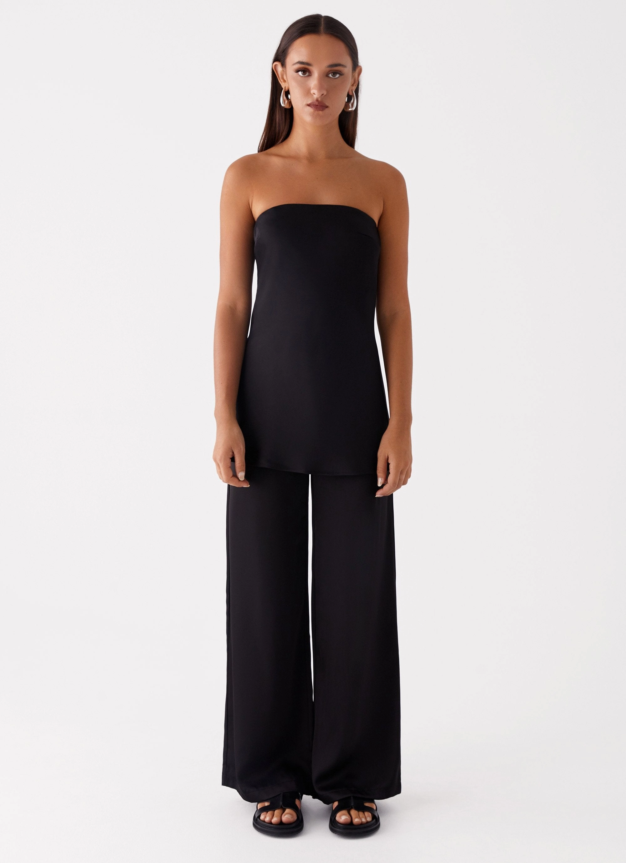 Contoured Side Panels Zoey Satin Tube Top - Black
