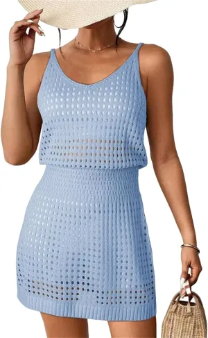 ZWRXW Women's Swimwear Cover Ups Hollow Out Swim Mini Dresses Beach Bathing Suit Coverups Cruise Outfits Vacation Dresses