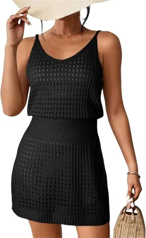 ZWRXW Women's Swimwear Cover Ups Hollow Out Swim Mini Dresses Beach Bathing Suit Coverups Cruise Outfits Vacation Dresses