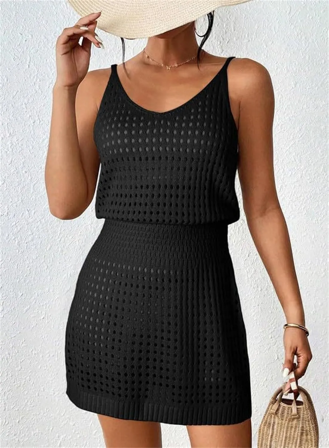 ZWRXW Women's Swimwear Cover Ups Hollow Out Swim Mini Dresses Beach Bathing Suit Coverups Cruise Outfits Vacation Dresses