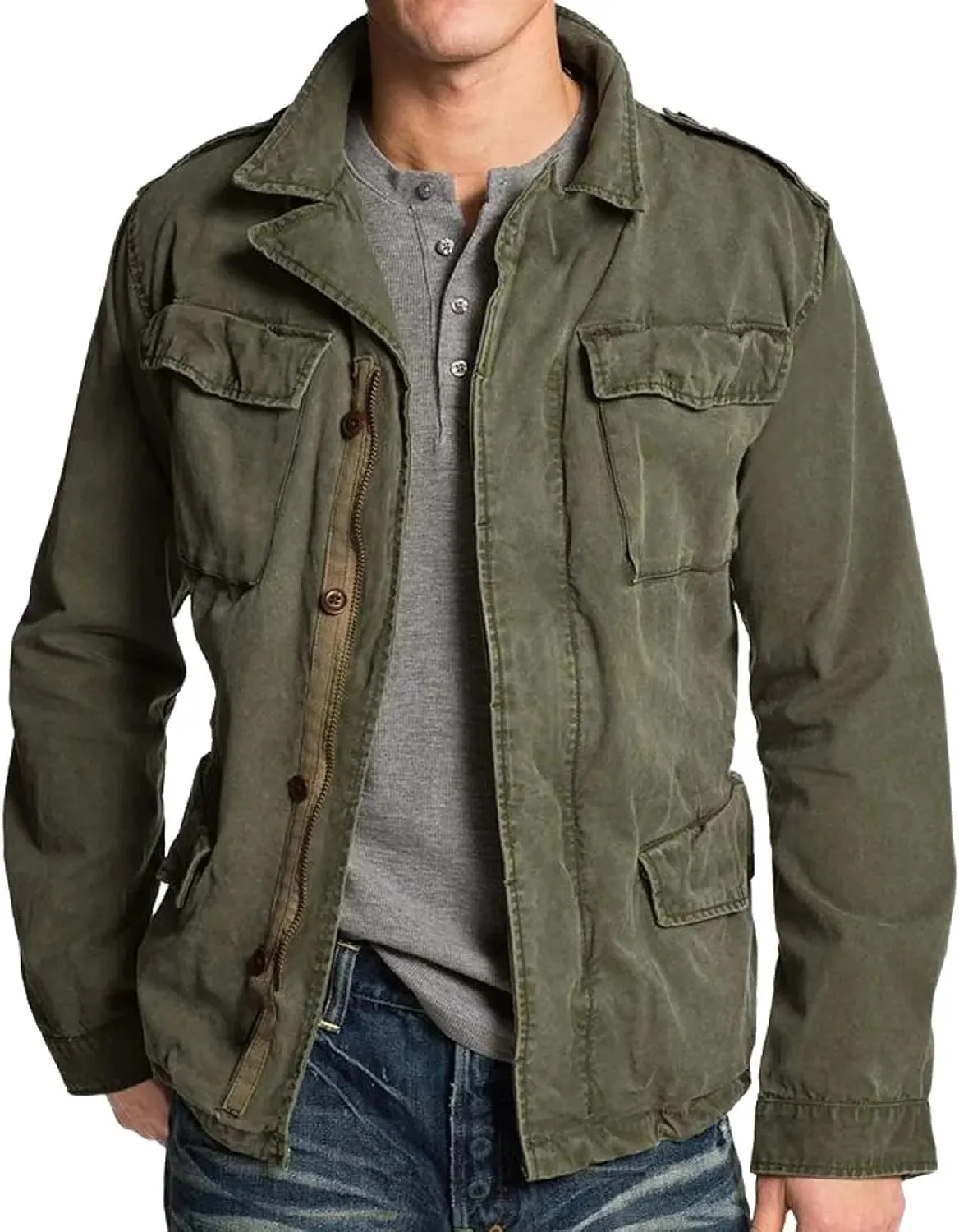 ZYXTIM Retro Work Jackets for Men Military Cargo Jackets Zipper Button Distressed Cargo Coats Lapel Lightweight Safari Jacket