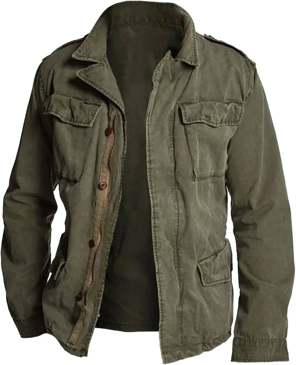 ZYXTIM Retro Work Jackets for Men Military Cargo Jackets Zipper Button Distressed Cargo Coats Lapel Lightweight Safari Jacket