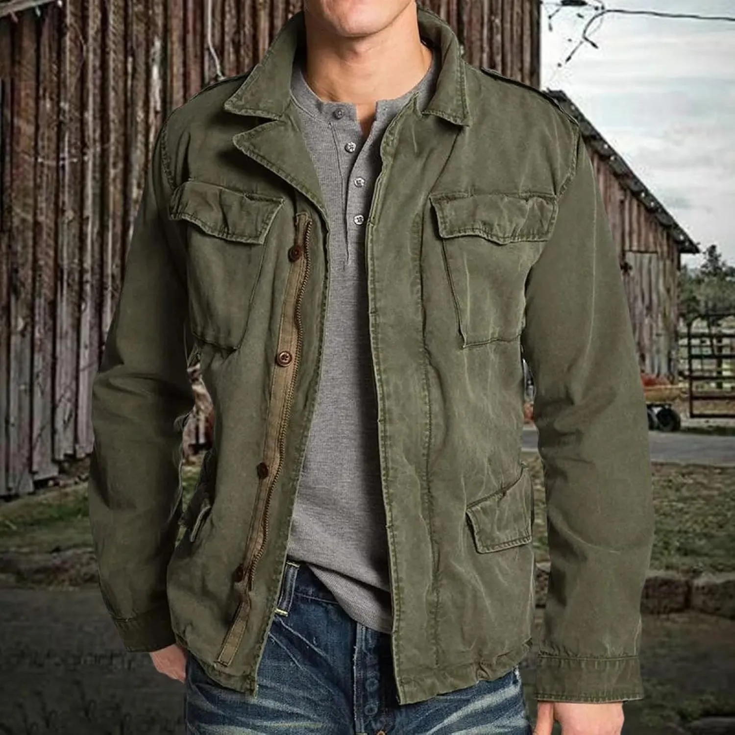 ZYXTIM Retro Work Jackets for Men Military Cargo Jackets Zipper Button Distressed Cargo Coats Lapel Lightweight Safari Jacket